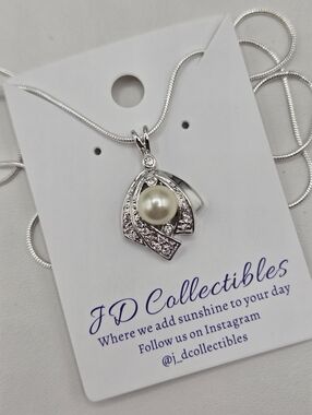 Swarovski Crystal Elements Silver Statement Necklace White Pearl 20 inch Bridal